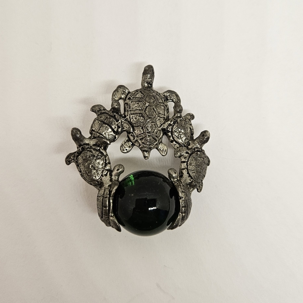 CCI Comstock Turtle Pendant Green Glass Or Crystal Stone Pewter Silver Signed